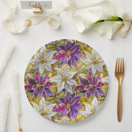 White Gold Lila Pink Christmas Poinsettias Pappteller (Hochzeit)