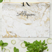 White & Gold Marmor Gold Bar Script Name, Monogram Geschirrtuch (Gefaltet)