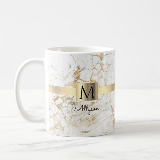 White & Gold-Marmor, Script-Name und Monogramm Kaffeetasse (Links)