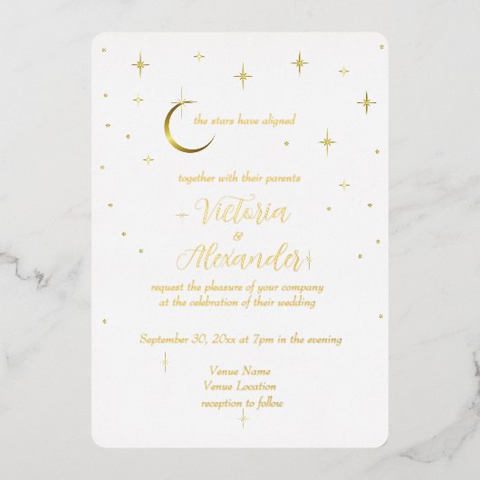 White Gold Modern Minimal Celestial Folieneinladung (Vorderseite)