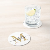 White Gold Modern Monogram Name Elegantes Script Runder Pappuntersetzer (Vor Ort)