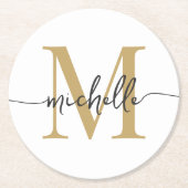 White Gold Modern Monogram Name Elegantes Script Runder Pappuntersetzer (Vorderseite)