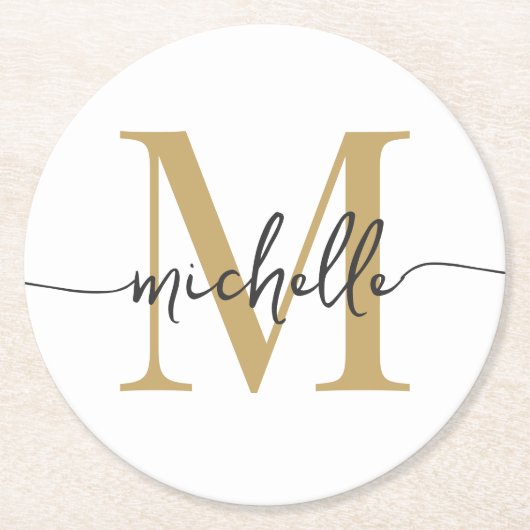 White Gold Modern Monogram Name Elegantes Script Runder Pappuntersetzer (Vorderseite)