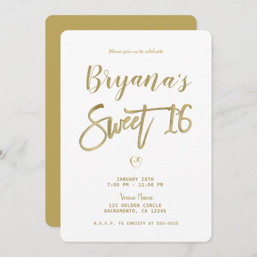 White & Gold Moderne Minimal Chic Sweet 16 Einladung (Vorne/Hinten)