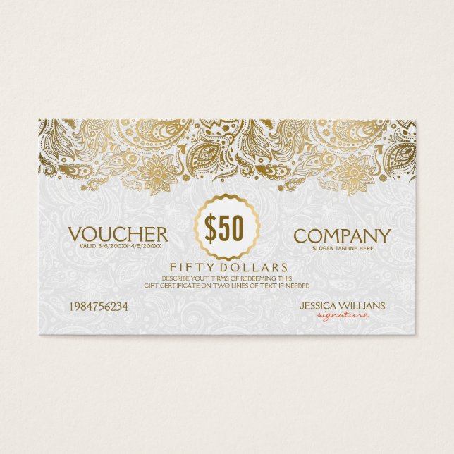 White & Gold Paisley Lace Voucher (Vorderseite)