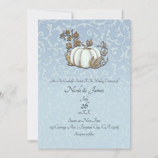 White & Gold Pumpkin Blue Gray Aschenputtel Weddin Einladung (Vorderseite)