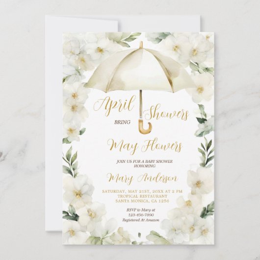 White Gold Regenschirm April Duschen laden ein Einladung (Vorderseite)