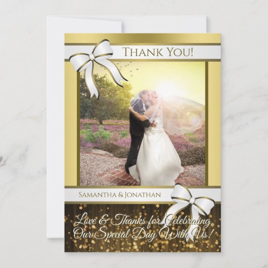 White & Gold Ribbon Hochzeit Danke Foto Card (Vorderseite)