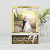 White & Gold Ribbon Hochzeit Danke Foto Card (Stehend Vorderseite)
