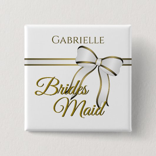White & Gold Ribbon Wedding Bridesmaid Name Tag Button (Vorderseite)