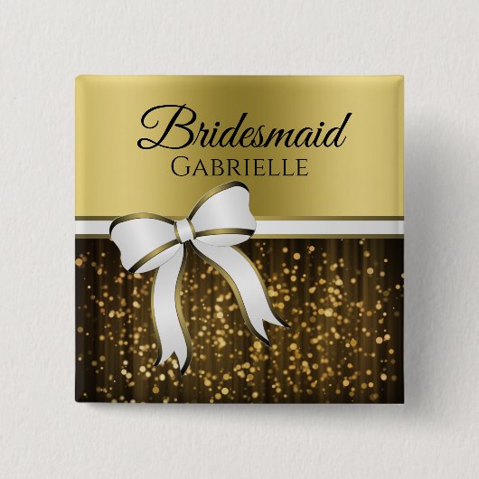 White & Gold Ribbon Wedding Bridesmaid Name Tag Button (Vorderseite)