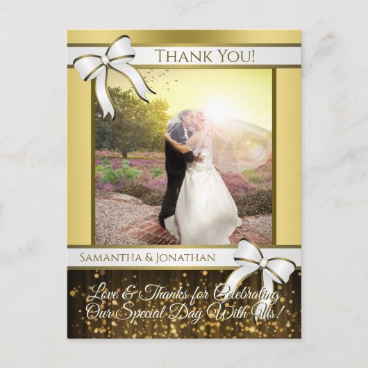 White & Gold Ribbon Wedding Vielen Dank Postcard Postkarte (Vorderseite)