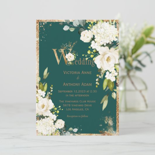White Gold Rustic Blumengrün Einladung (Stehend Vorderseite)