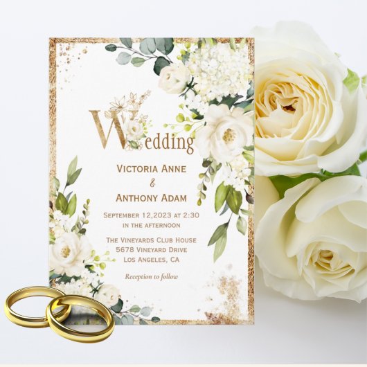 White Gold Rustic Floral Wedding Einladung