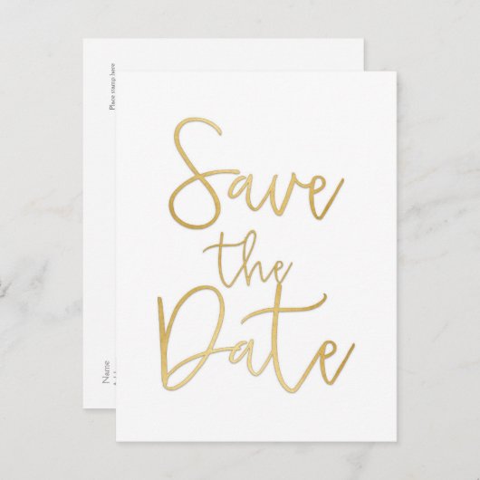 White & Gold SAVE THE DATE Moderne Script Postcard Ankündigungspostkarte (Vorne/Hinten)