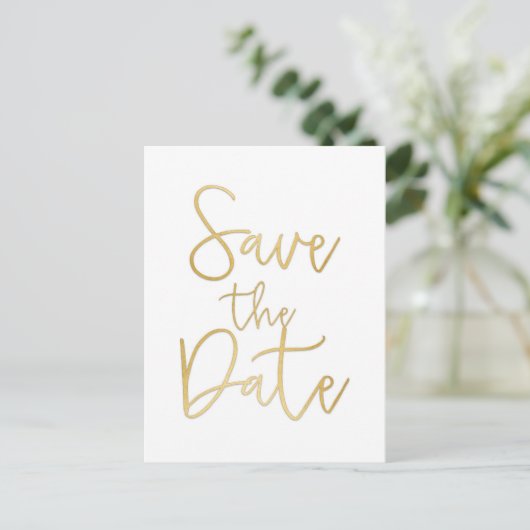 White & Gold SAVE THE DATE Moderne Script Postcard Ankündigungspostkarte (Stehend Vorderseite)