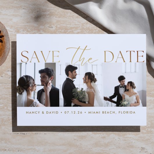 White Gold Script 3 photo Collage wedding Save The Date