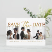 White Gold Script 3 photo Collage wedding  Save The Date (Stehend Vorderseite)