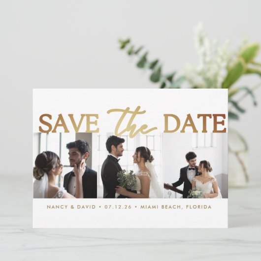 White Gold Script 3 photo Collage wedding Save The Date (Stehend Vorderseite)