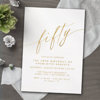 White & Gold Script | Delicate Luxe 50. Geburtstag Einladung