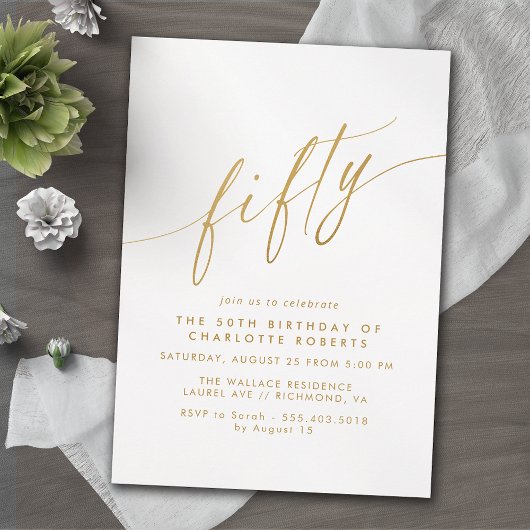 White & Gold Script | Delicate Luxe 50. Geburtstag Einladung