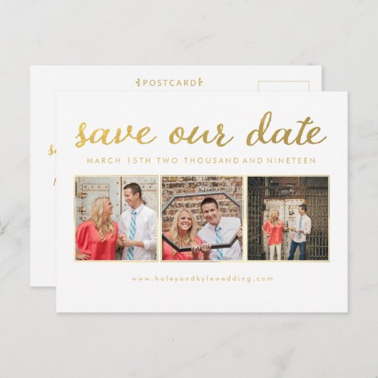 White Gold Script Rette unser Date Foto Postcard Ankündigungspostkarte (Vorne/Hinten)