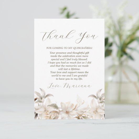 White Gold Silver Winter Florals Quinceañera Dankeskarte (Stehend Vorderseite)