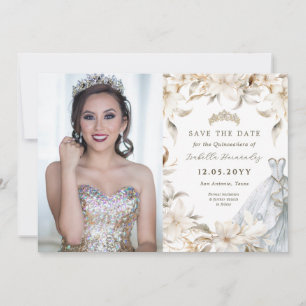 White Gold Silver Winter Florals Quinceañera Dress Save The Date