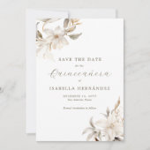 White Gold Silver Winter Florals Quinceañera Save The Date (Vorderseite)
