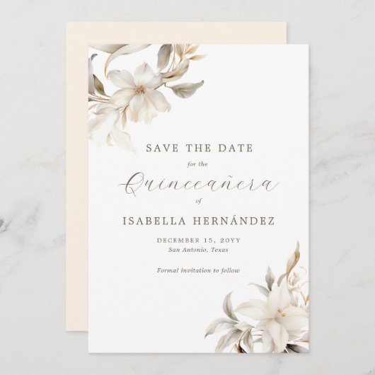 White Gold Silver Winter Florals Quinceañera Save The Date (Vorne/Hinten)
