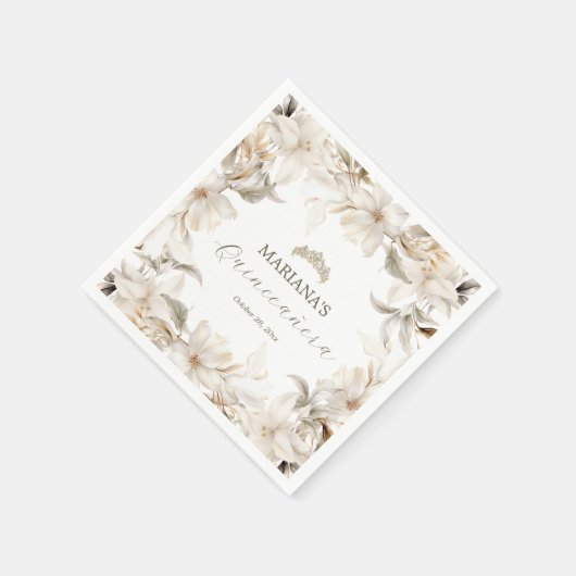 White Gold Silver Winter Florals Quinceañera Serviette (Ecke)
