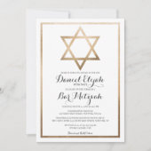 White Gold Star Border Bar Mitzvah Hebräischer Nam Einladung (Vorderseite)