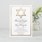 White Gold Star Border Bar Mitzvah Hebräischer Nam Einladung (Stehend Vorderseite)