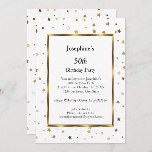 White Gold Stars 50. Geburtstagsparty Einladung (Vorne/Hinten)