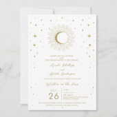 White Gold Stars Celestial Sunburst Foto Hochzeit Einladung (Vorderseite)