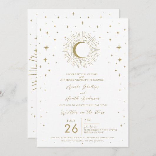 White Gold Stars Celestial Sunburst Foto Hochzeit Einladung (Vorne/Hinten)