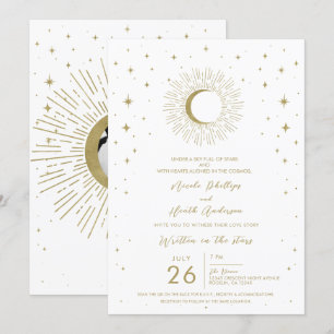 White Gold Stars Celestial Sunburst Foto Hochzeit Einladung