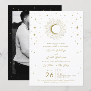 White & Gold Stars Celestial Sunburst Moon Wedding Einladung