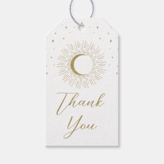 White & Gold Stars Celestial Sunburst Moon Wedding Geschenkanhänger (Vorderseite)