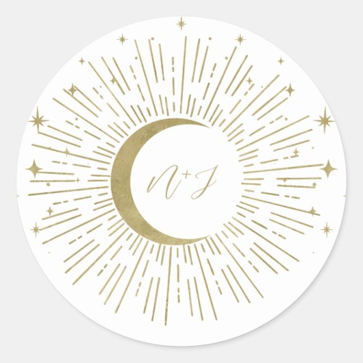 White & Gold Stars Celestial Sunburst Moon Wedding Runder Aufkleber (Vorderseite)