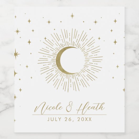 White & Gold Stars Celestial Sunburst Moon Wedding Weinetikett (Einzelnes Label)
