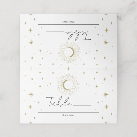 White Gold Stars Sunburst Moon Sitzplatz Platzkarte (Außenseite Aufgefaltet)