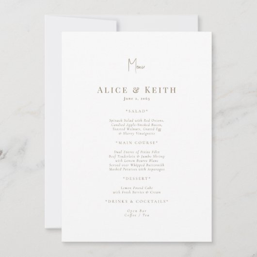 White Gold Text Wedding Menu Einladung (Vorderseite)