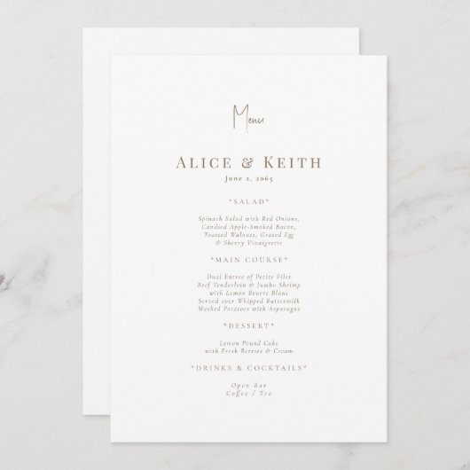 White Gold Text Wedding Menu Einladung (Vorne/Hinten)