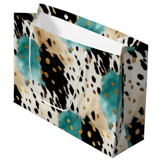 White Gold Türkise Black Cowhide Name Große Geschenktüte (Vorderseite Schrägansicht)