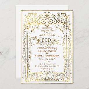 White & Gold Vintager Viktorianischer Deko Hochzei Einladung