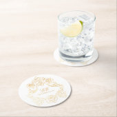 White & Gold Vintages Monogram Wappen Hochzeitslog Runder Pappuntersetzer (Vor Ort)