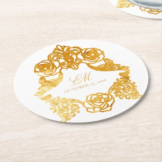 White & Gold Vintages Monogram Wappen Hochzeitslog Runder Pappuntersetzer (Angewinkelt)