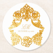 White & Gold Vintages Monogram Wappen Hochzeitslog Runder Pappuntersetzer (Vorderseite)