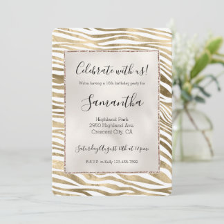 White Gold Zebra Animal Print Einladung